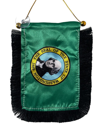 Washington Flag Hanging Banner - 4x6 Fringy Window Hanging Flag - Mini Flag Banner & Car Rearview Mirror Decor - Fringed & Double Sided - Hanging Flag with Suction Cup