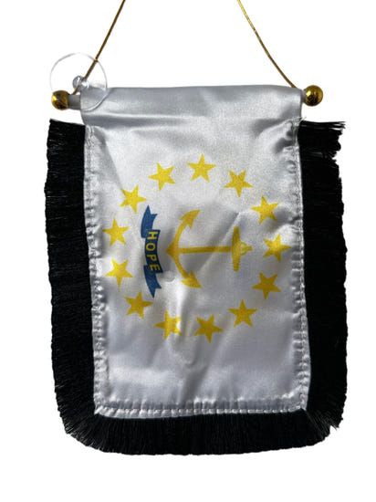 Rhode Island Flag Hanging Banner - 4x6 Fringy Window Hanging Flag - Mini Flag Banner & Car Rearview Mirror Decor - Fringed & Double Sided - Hanging Flag with Suction Cup