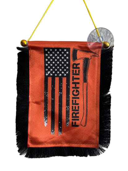 Firefighter Hanging Banner - 4x6 Fringy Window Hanging Flag - Mini Flag Banner & Car Rearview Mirror Decor - Fringed & Double Sided - Hanging Flag with Suction Cup