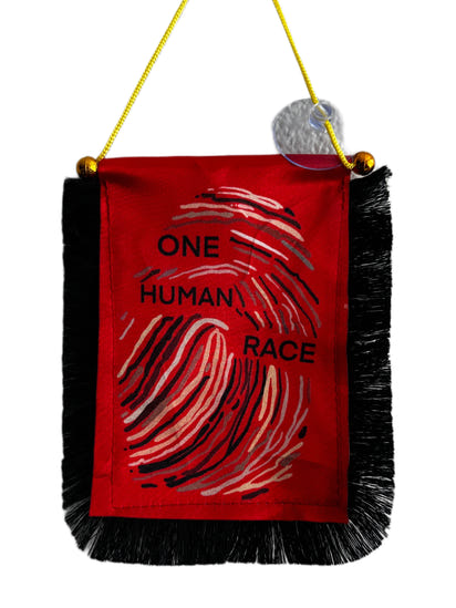 One Human Race Hanging Banner - 4x6 Fringy Window Hanging Flag - Mini Flag Banner & Car Rearview Mirror Decor - Fringed & Double Sided - Hanging Flag with Suction Cup