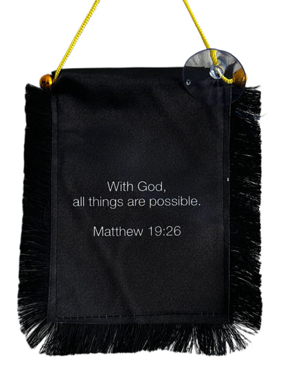 Scripture Hanging Banner - 4x6 Fringy Window Hanging Flag - Mini Flag Banner & Car Rearview Mirror Decor - Fringed & Double Sided - Hanging Flag with Suction Cup