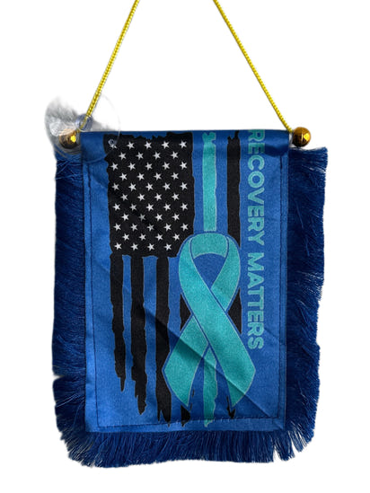 Recovery Matters Hanging Banner - 4x6 Fringy Window Hanging Flag - Mini Flag Banner & Car Rearview Mirror Decor - Fringed & Double Sided - Hanging Flag with Suction Cup