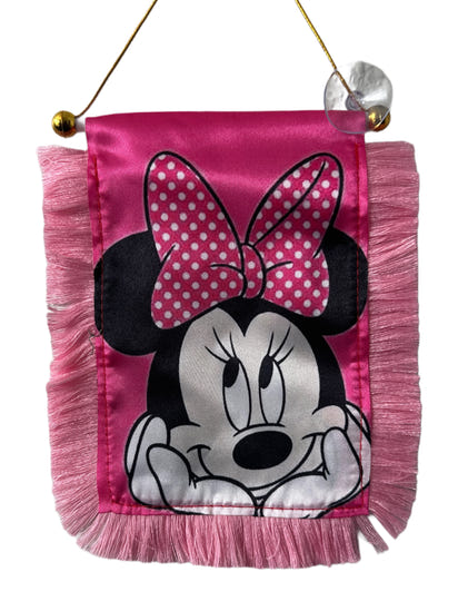 Minne Mouse Classic Hanging Banner - 4x6 Fringy Window Hanging Flag - Mini Flag Banner & Car Rearview Mirror Decor - Fringed & Double Sided - Hanging Flag with Suction Cup