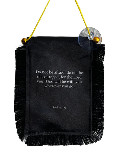 Scripture Hanging Banner - 4x6 Fringy Window Hanging Flag - Mini Flag Banner & Car Rearview Mirror Decor - Fringed & Double Sided - Hanging Flag with Suction Cup
