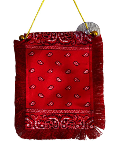 Red Paisley Hanging Banner - 4x6 Fringy Window Hanging Flag - Mini Flag Banner & Car Rearview Mirror Decor - Fringed & Double Sided - Hanging Flag with Suction Cup