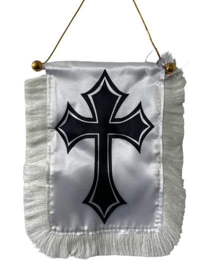 Cross Hanging Banner - 4x6 Fringy Window Hanging Flag - Mini Flag Banner & Car Rearview Mirror Decor - Fringed & Double Sided - Hanging Flag with Suction Cup