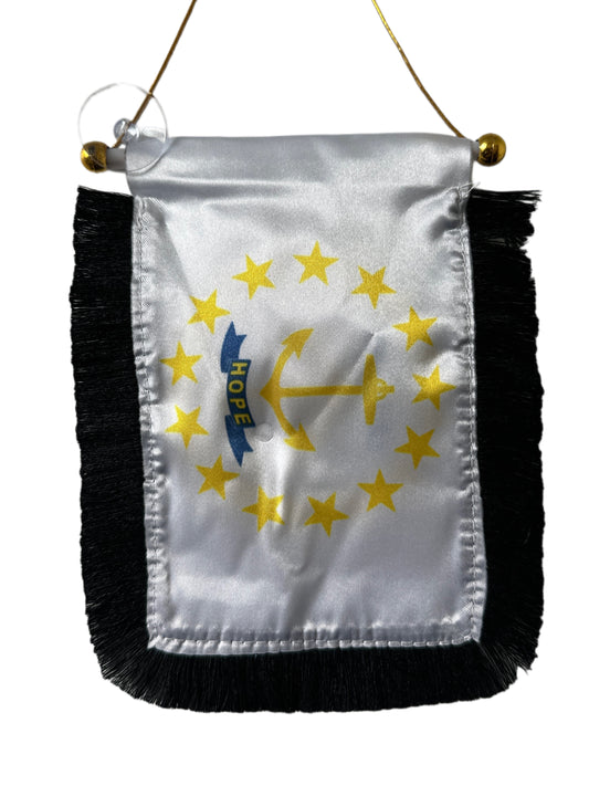 Rhode Island Flag Hanging Banner - 4x6 Fringy Window Hanging Flag - Mini Flag Banner & Car Rearview Mirror Decor - Fringed & Double Sided - Hanging Flag with Suction Cup