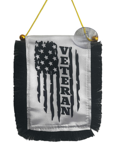Veteran Hanging Banner - 4x6 Fringy Window Hanging Flag - Mini Flag Banner & Car Rearview Mirror Decor - Fringed & Double Sided - Hanging Flag with Suction Cup